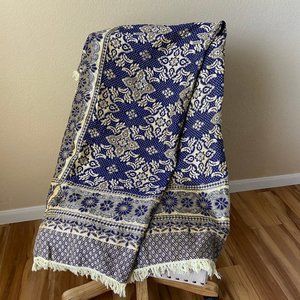 VTG Damask Brocade Fringe Bedspread & Pillowcase Set Jacquarde Blue Gold Luxury